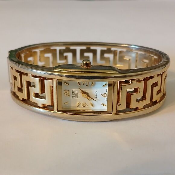 Vintage Gruen II Gold Tone Greek Key Bangle Watch GRT043 Y2K Meander Cuff main image 8